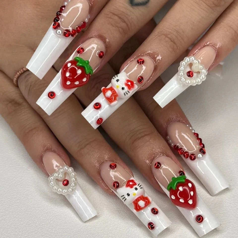 Strawberry Delight Long Square White Press On Nails With Cute Kitty And 3d Fruit Accents