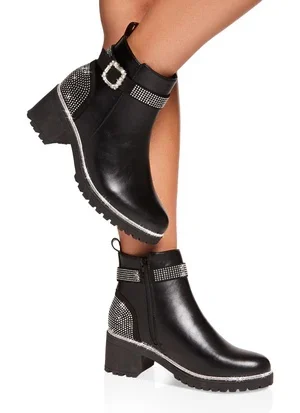 Rhinestone Trim Buckle Booties - Black
