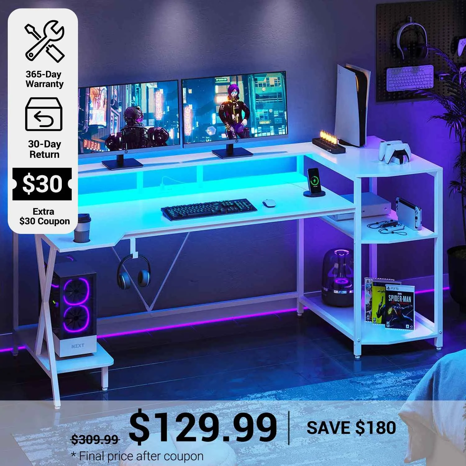 Sedeta® 70.8 Inch Large Pc Gamer Desk Led Gaming Table With Storage Shelves - White