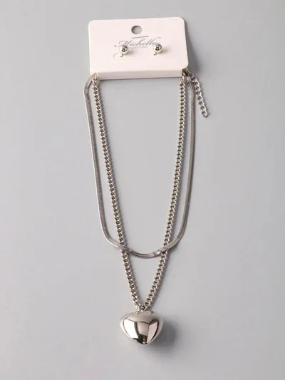 Women's Silver Pearl & Heart Earrings & Necklace Set