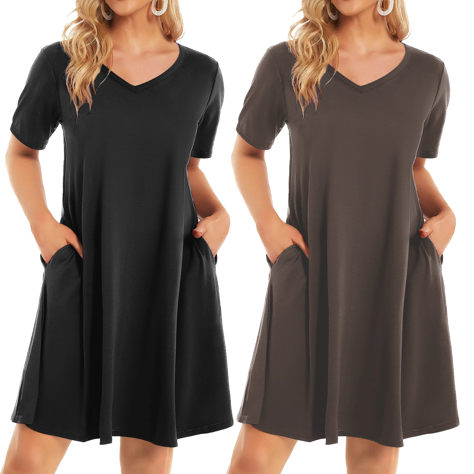 Showitty 2-pack Women’s Casual T-shirt Dresses With Pockets – Relaxed Swing Fit, Short Sleeve, Lightweight Summer Essentials (s–3xl) - Wine Red/ Redwood Burl/s