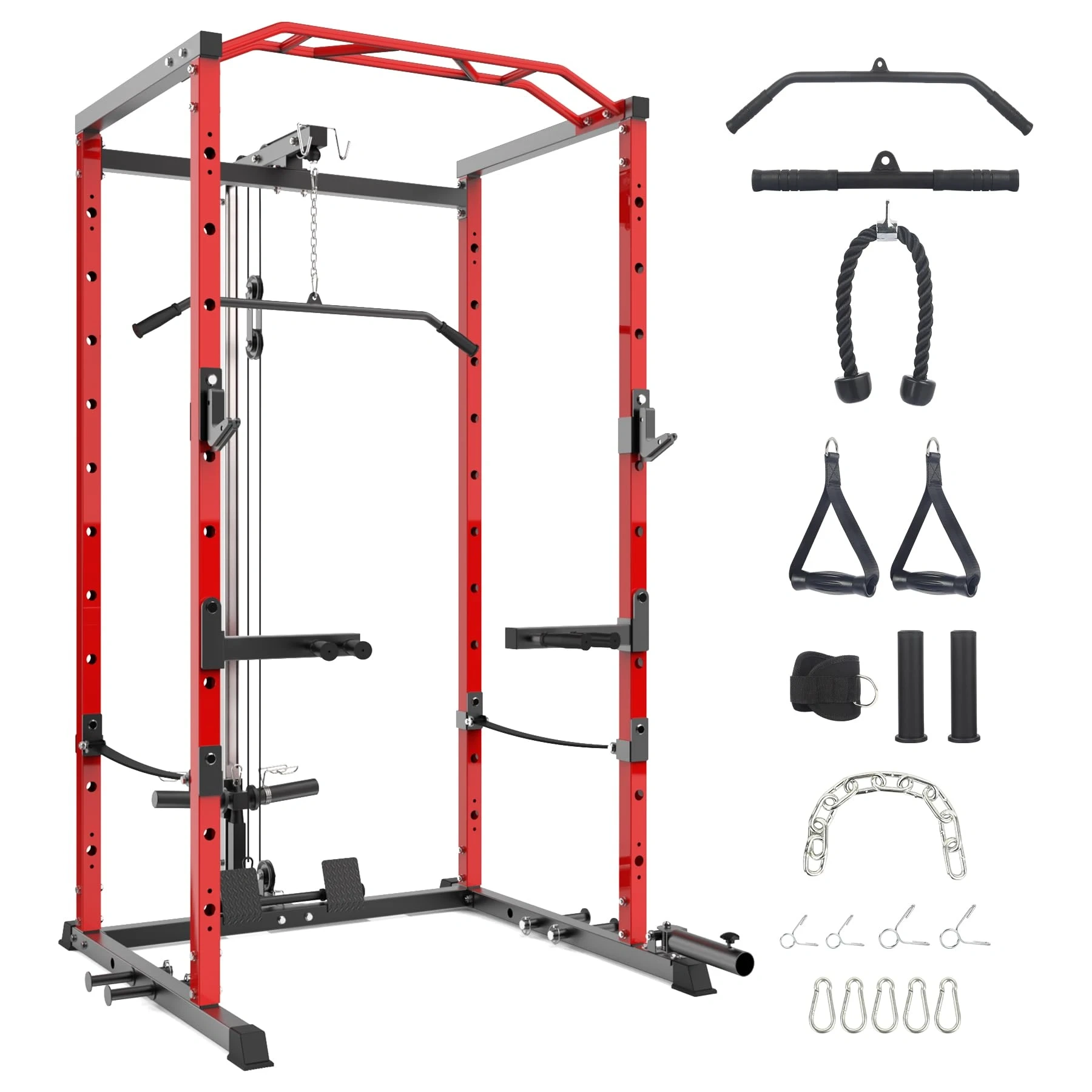 Power Cage With Lat Pulldown, Multi-functional Power Rack With Cable Pulley System And J-hooks, Squat Rack With Dip Bars And Landmine Attachment, Weight Cage For Home Gym Equipment (black/red)