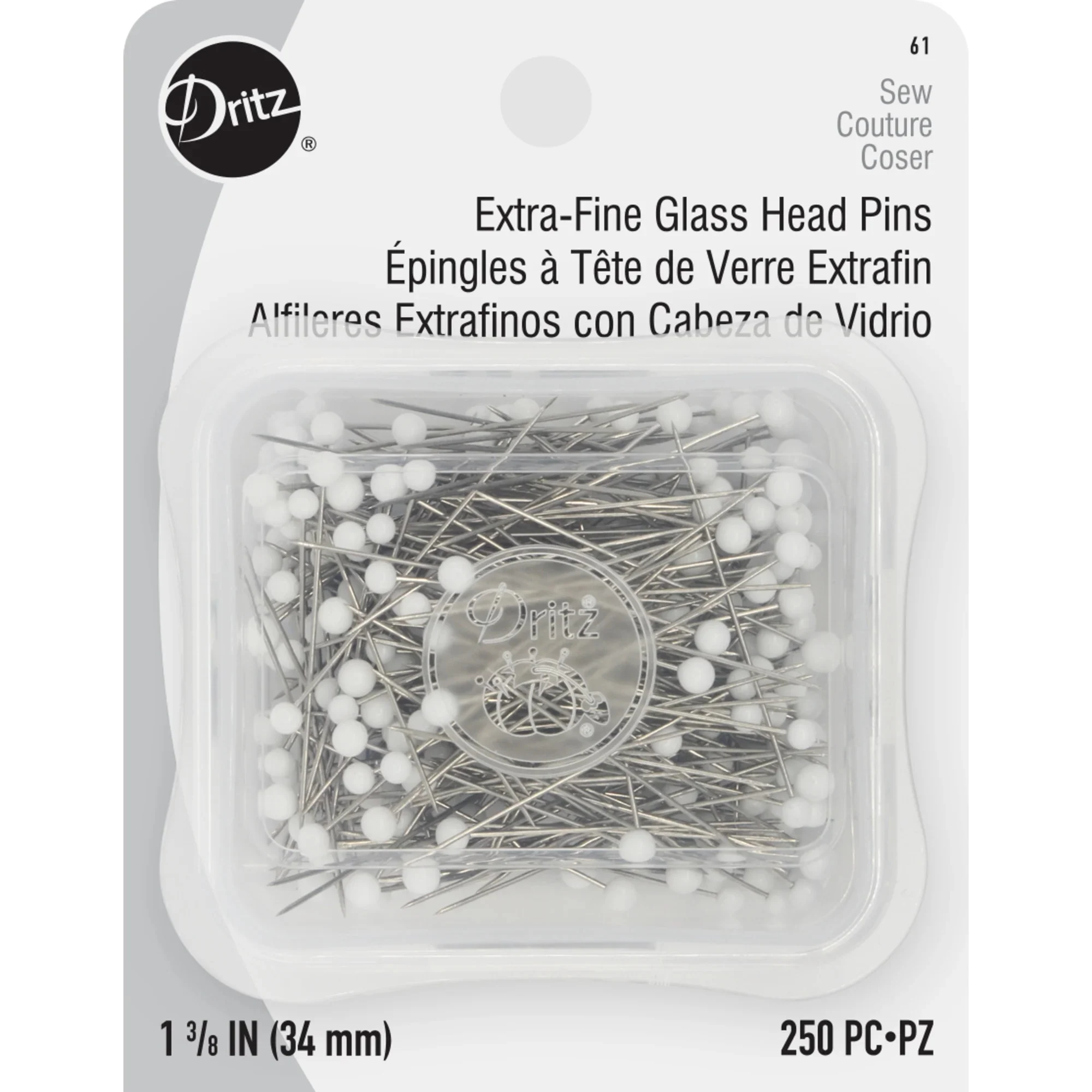 1-3/8" Extra-fine Glass Head Pins, White, 250 Pc
