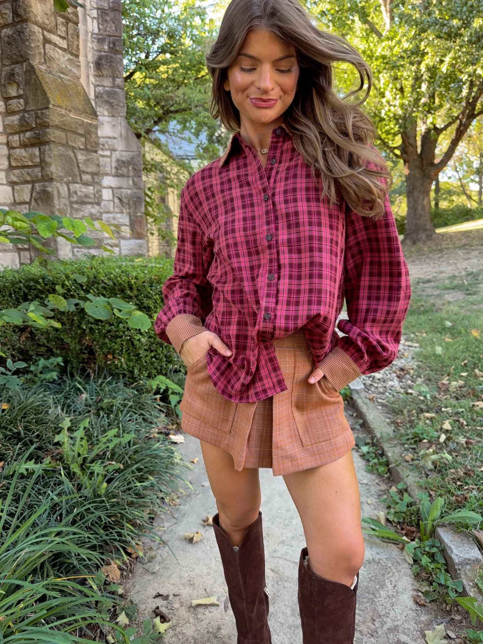 Chatham Oversized Plaid Shirt - Pink / Brown