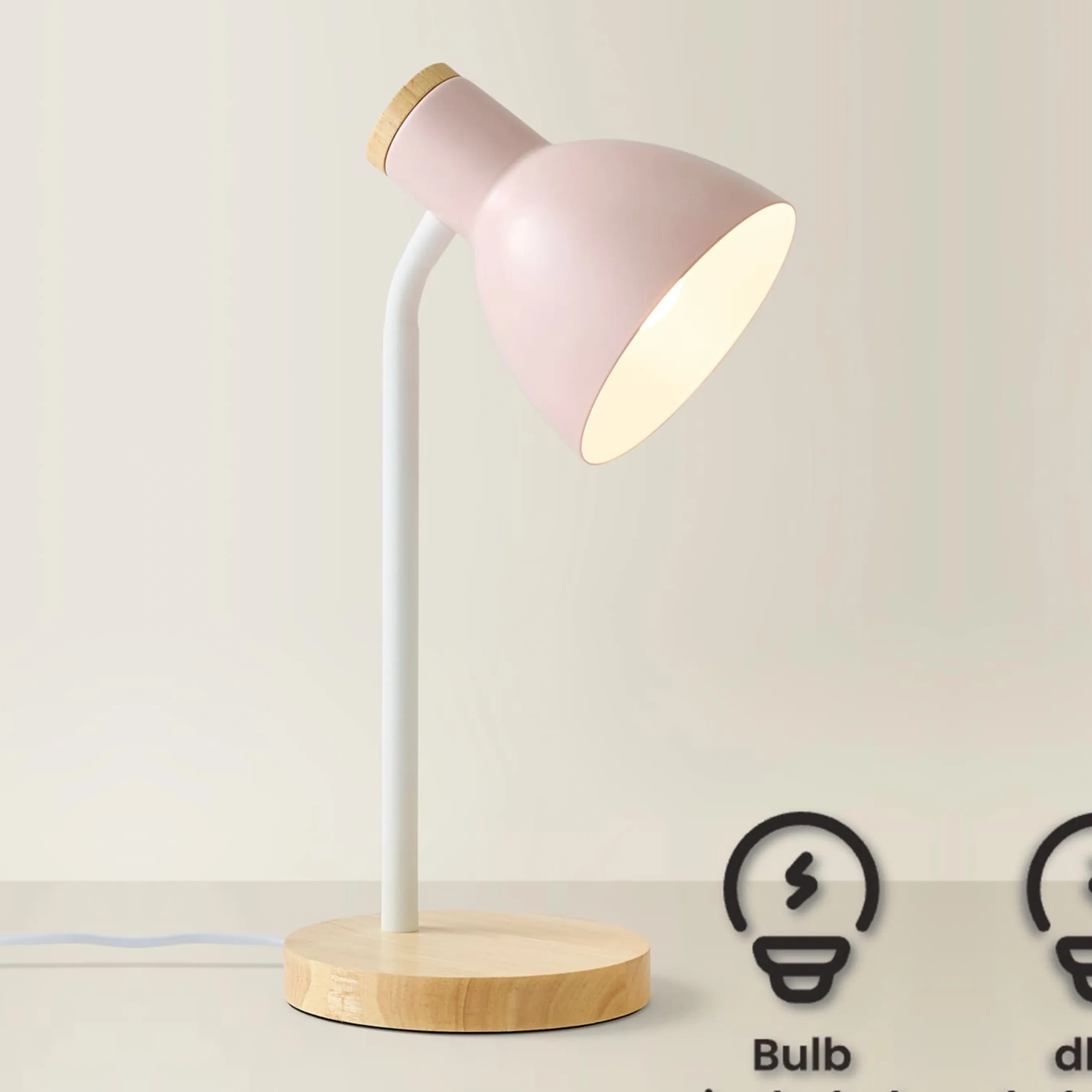 Pink Valuelights Woody Metal Dome Shade Wooden Base Desk Task Table Lamp With Led Bulb