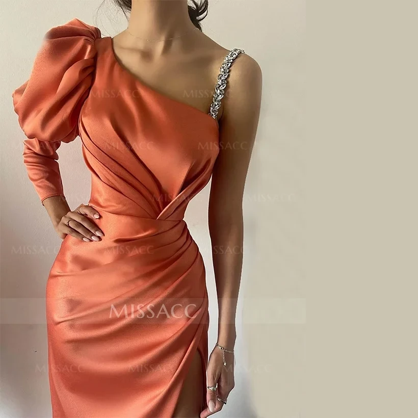 Sheath/column Asymmetrical Long Sleeves Floor‑length Satin Prom Dresses
