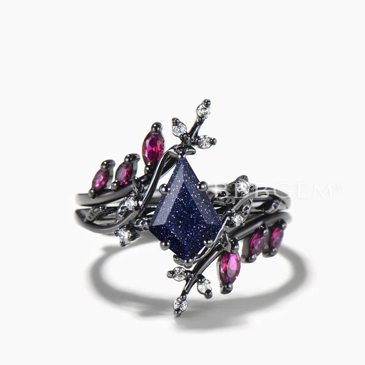 Twig Bridal Set Kite Cut Blue Sandstone Leaf Engagement Ring Ruby Wedding Band - 14k Yellow Gold/1pc Main Ring