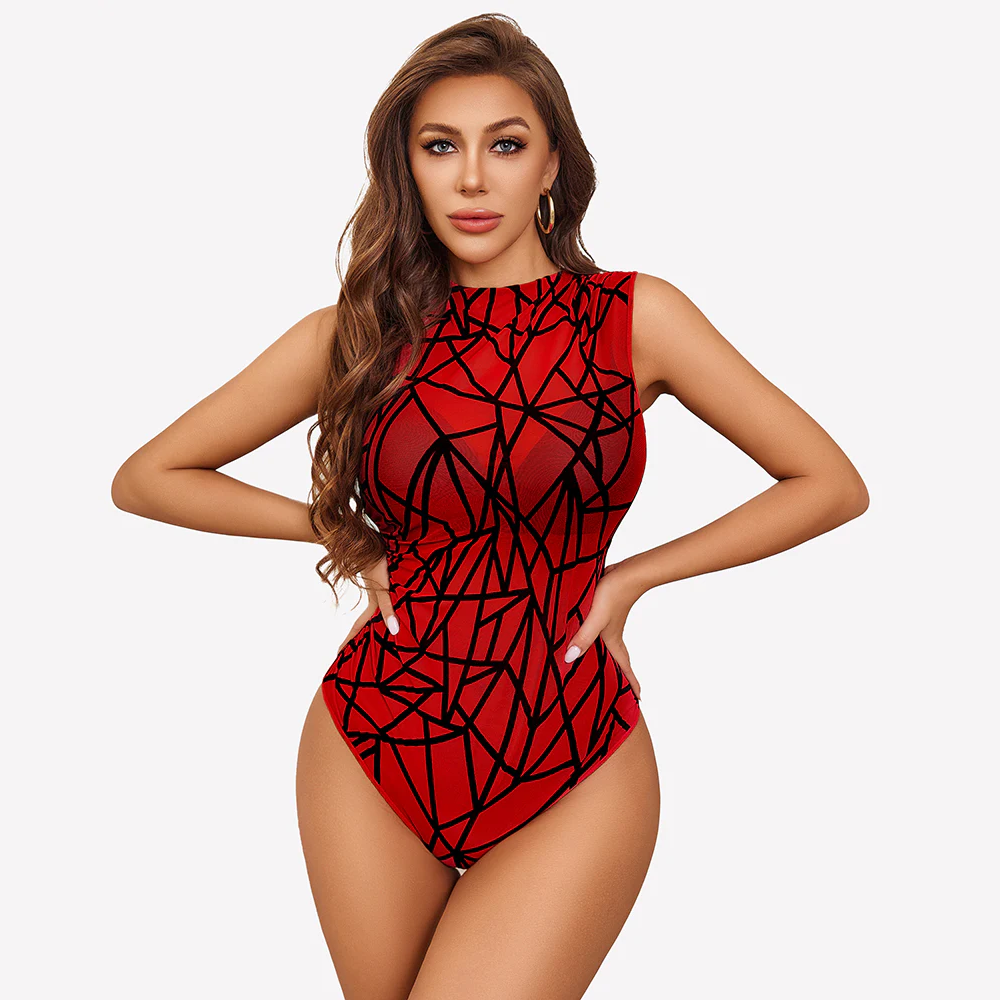 Sheer Sleeveless Ruched Mesh Bodysuits - Geo Red/l