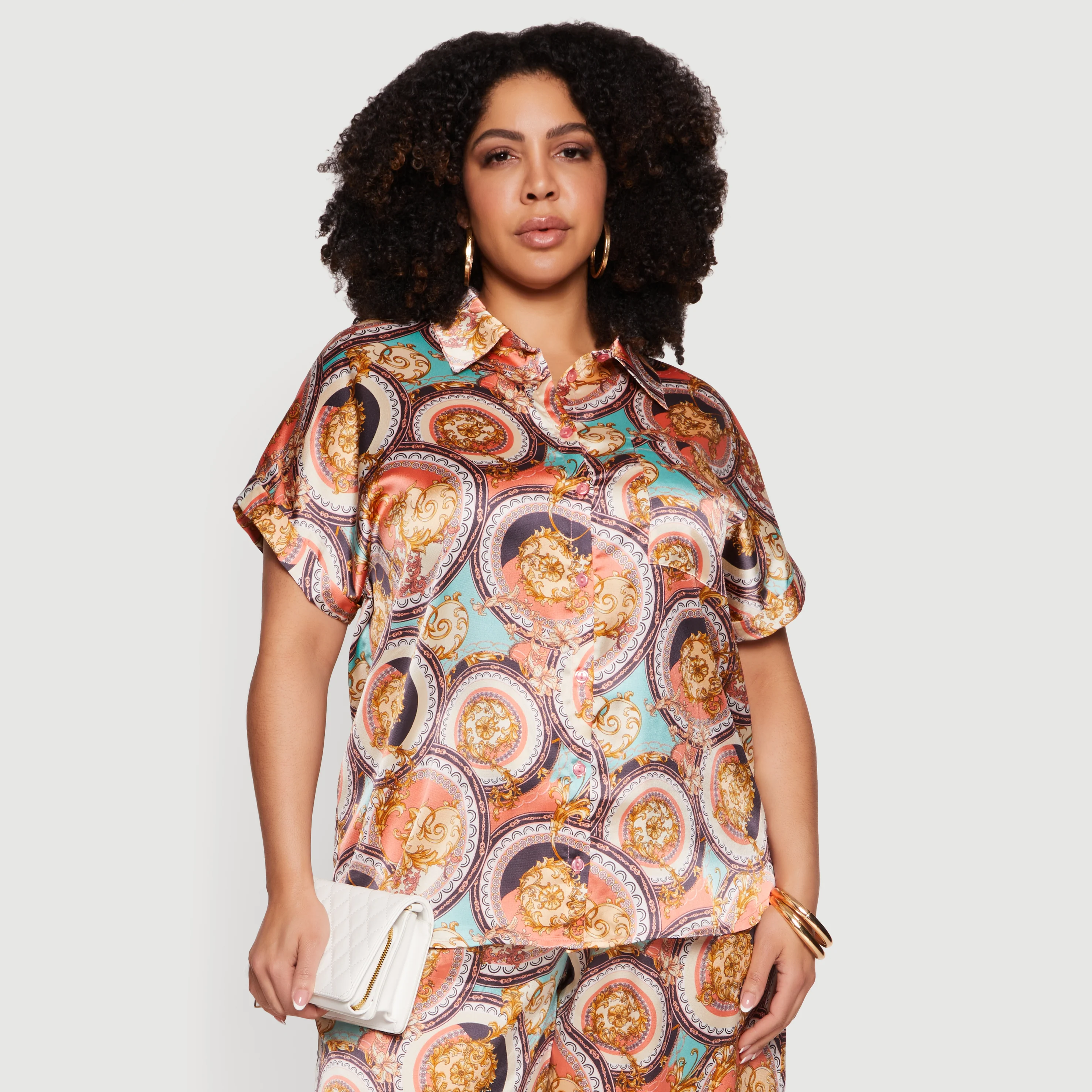 Plus Size Satin Chain Print Blouse - Peach