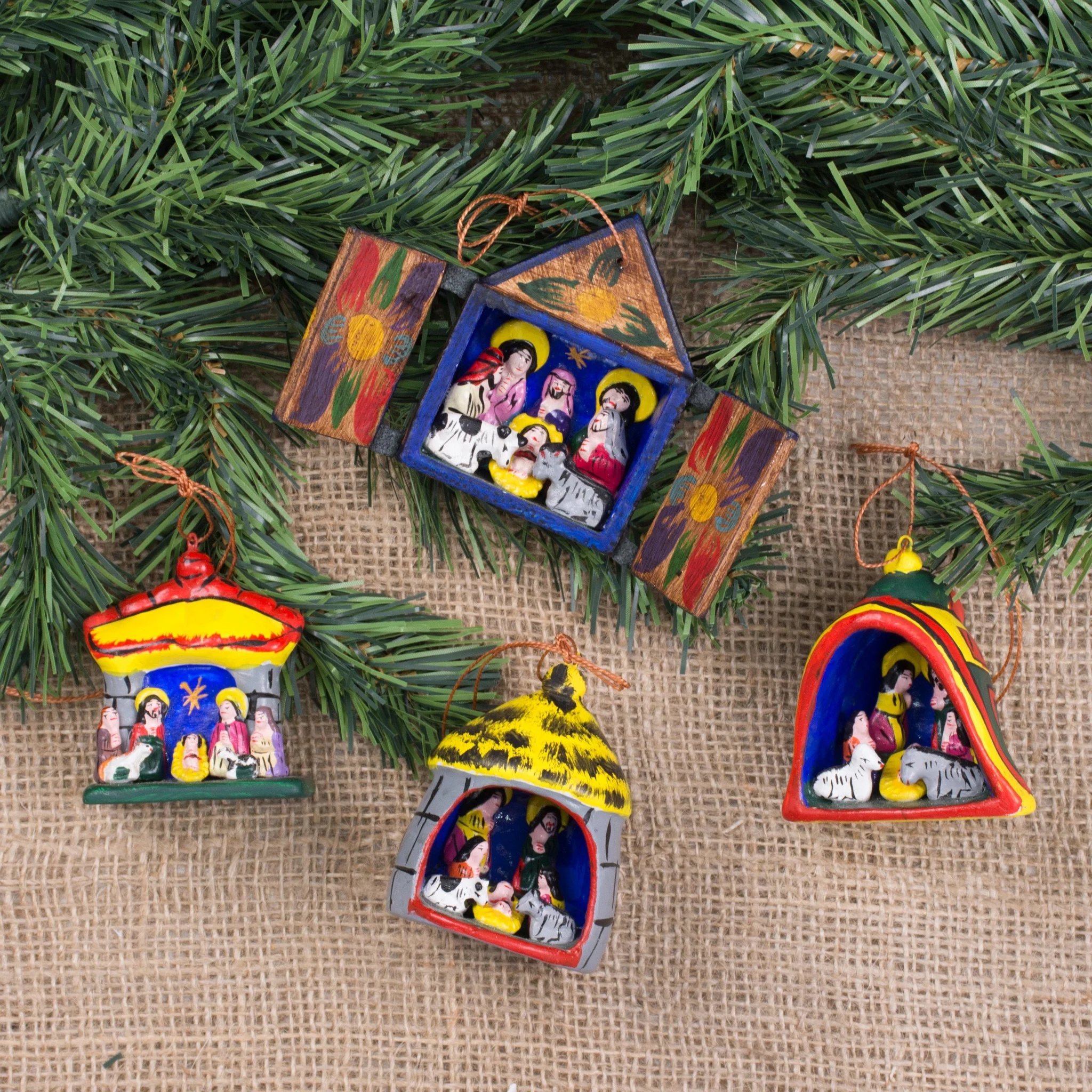 Hand Made Religious Wood Christmas Ornaments (set Of 4) - Nativity