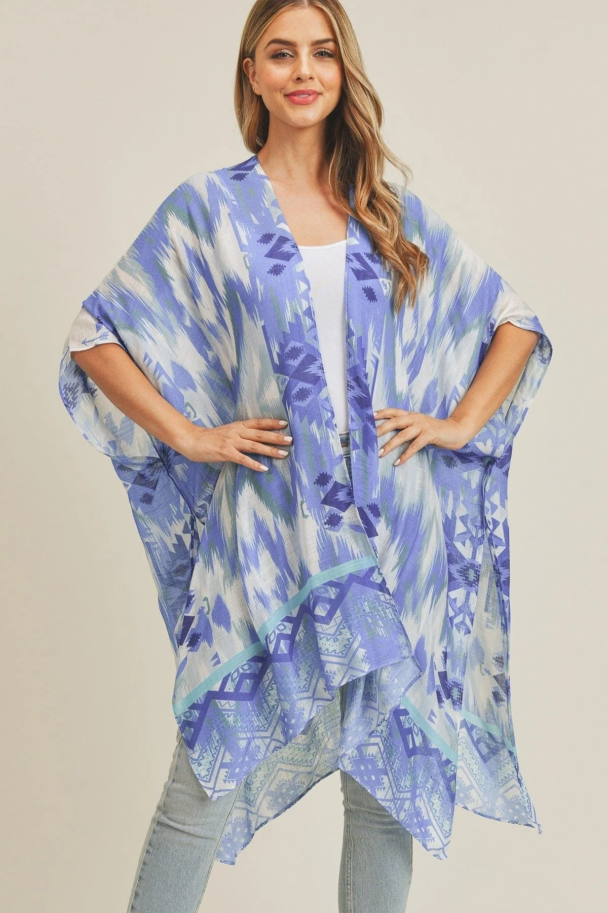 Ms0245 Tie Dye Boho Summer Kimono - Blue