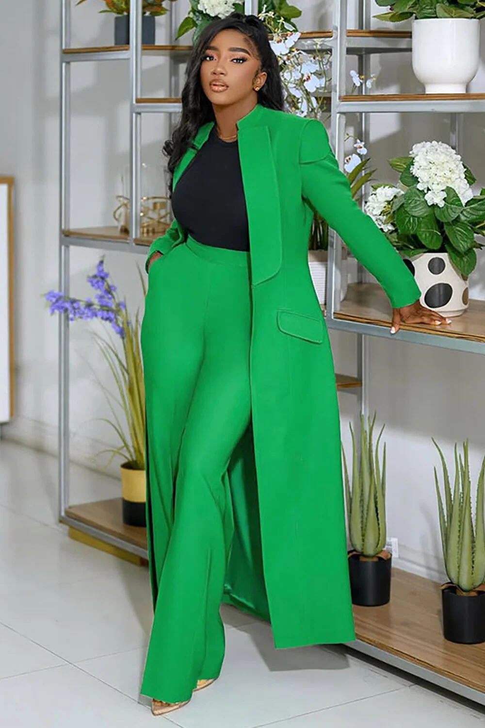 Turndown Collar Solid Color Long Blazer High Waist Pants 2pcs Set-green