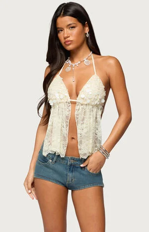 Edikted Sequin Lace Split Front Backless Top - Beige