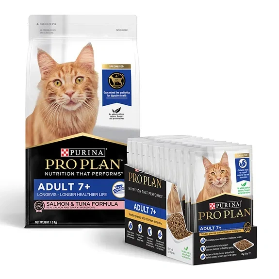 Pro Plan 7+ Senior Cat Food 3kg & Pro Plan Chicken 7+ Senior Cat Pouch 85gx12 Bundle
