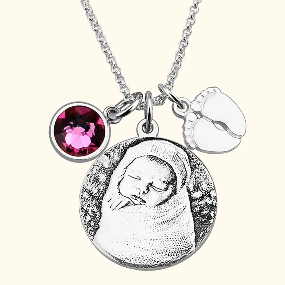 New Mom's Photo Necklace With Feet & Birthstone Charm – Callie