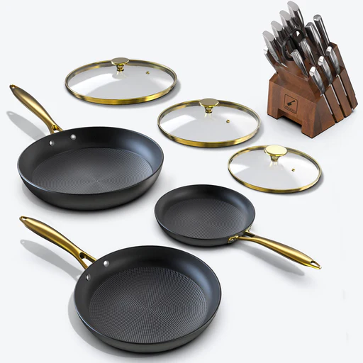 Nonstick Frying Pan Set With Golden Glass Lids & Ultra Sharp Knife Set - Brown