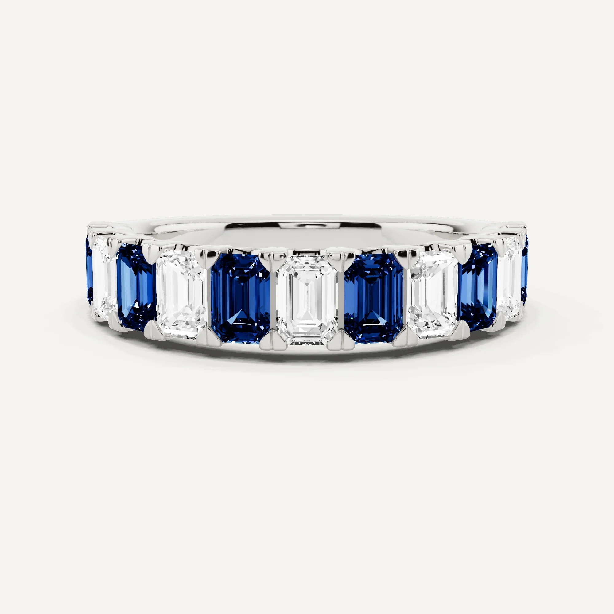 2 Ctw Emerald Diamond & Emerald Created Sapphire Alternating Eleven Stone Wedding Band - 14k White Gold