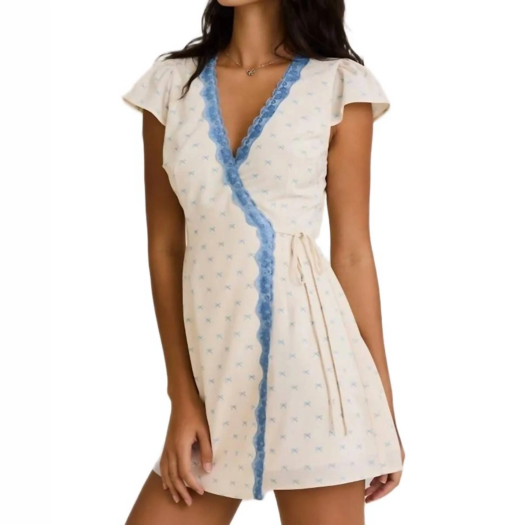 Knit & Lounge - Blue Lace Trim Wrap Mini Dress