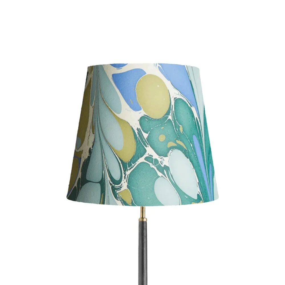 35cm Tall Tapered Hand Made Marbled Paper Shade In Green And Blue