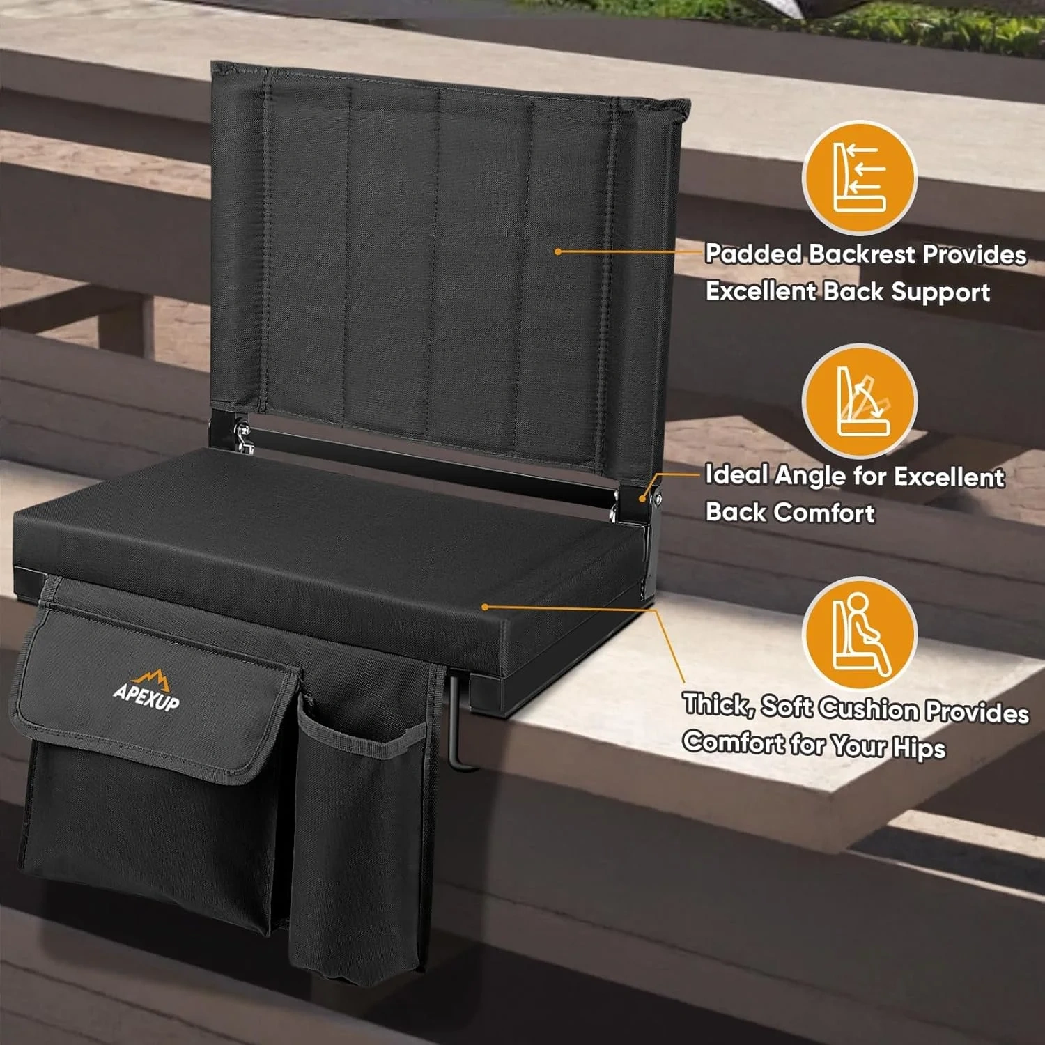 Portable Stadium Seats With Back Support Large Pocket Cup Holder Navy Blue+orange