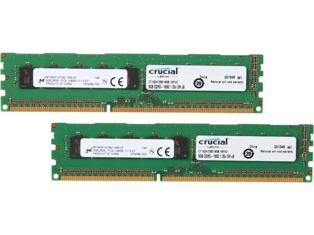 Crucial 16gb (2 X 8gb) Ecc Unbuffered Ddr3l 1600 (pc3l 12800) Server Memory Model Ct2kit102472bd160b