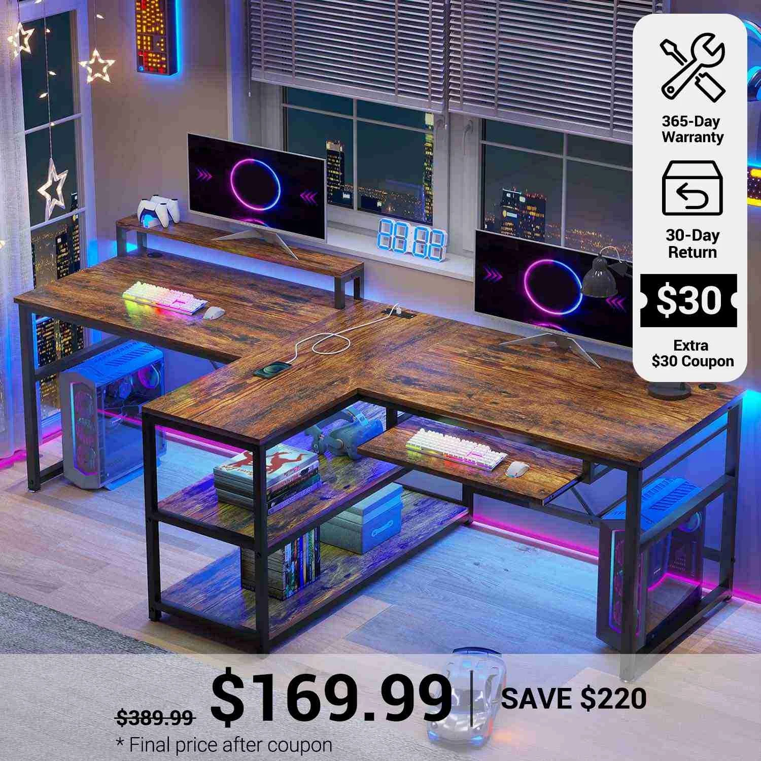 Sedeta® 94.5 Inch Person Led Gaming Desk Home Office Computer Table With Storage
