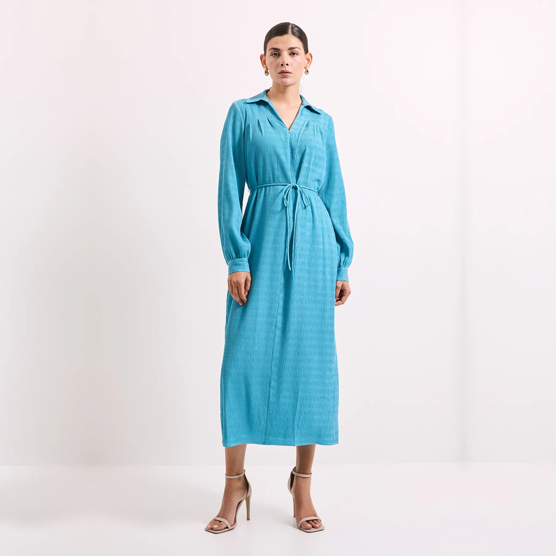 Crinkle Crepe Belted Shirt Dress
