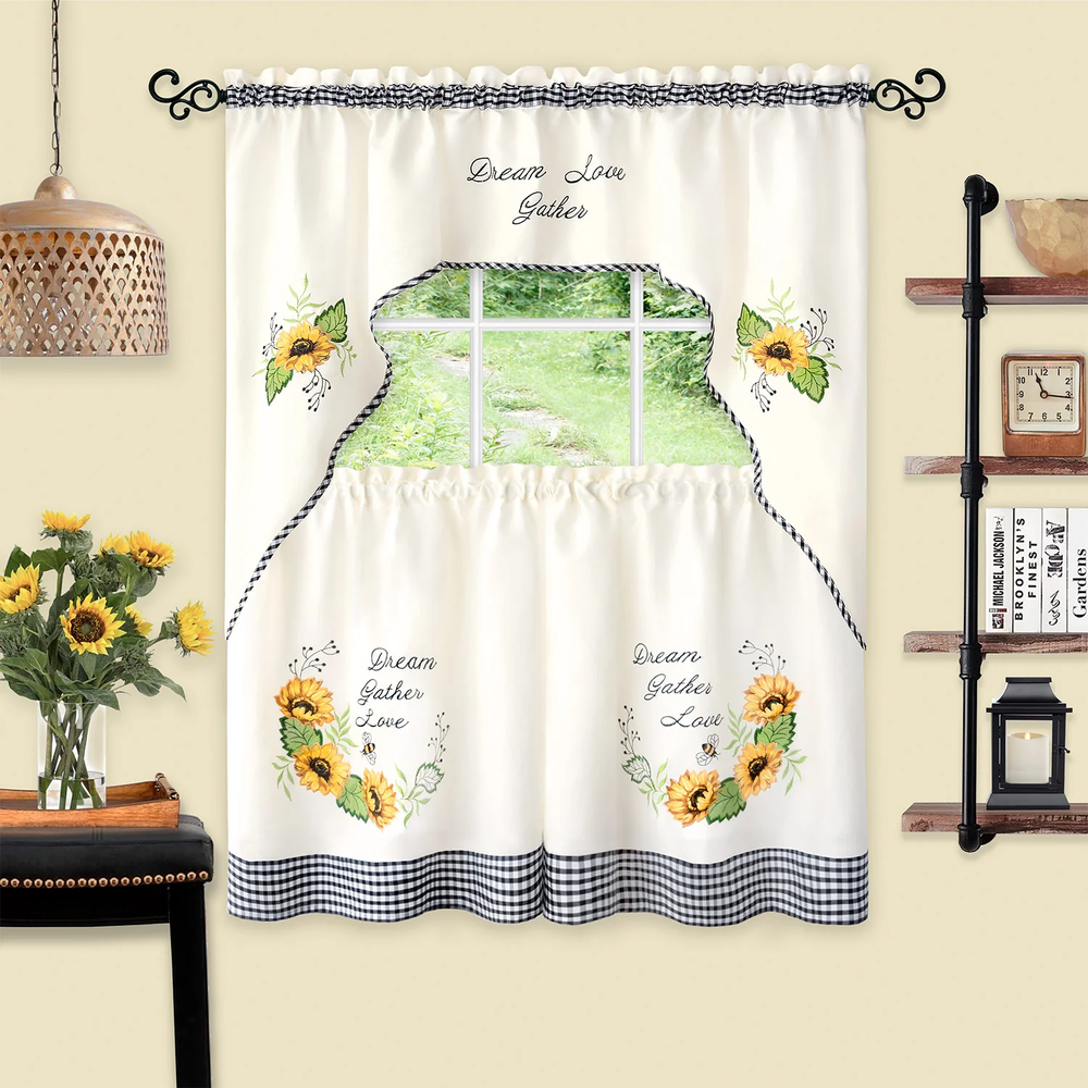 Sunflower Picnic Embellished Tier And Swag Kitchen Curtain Set, 58x36 Inches