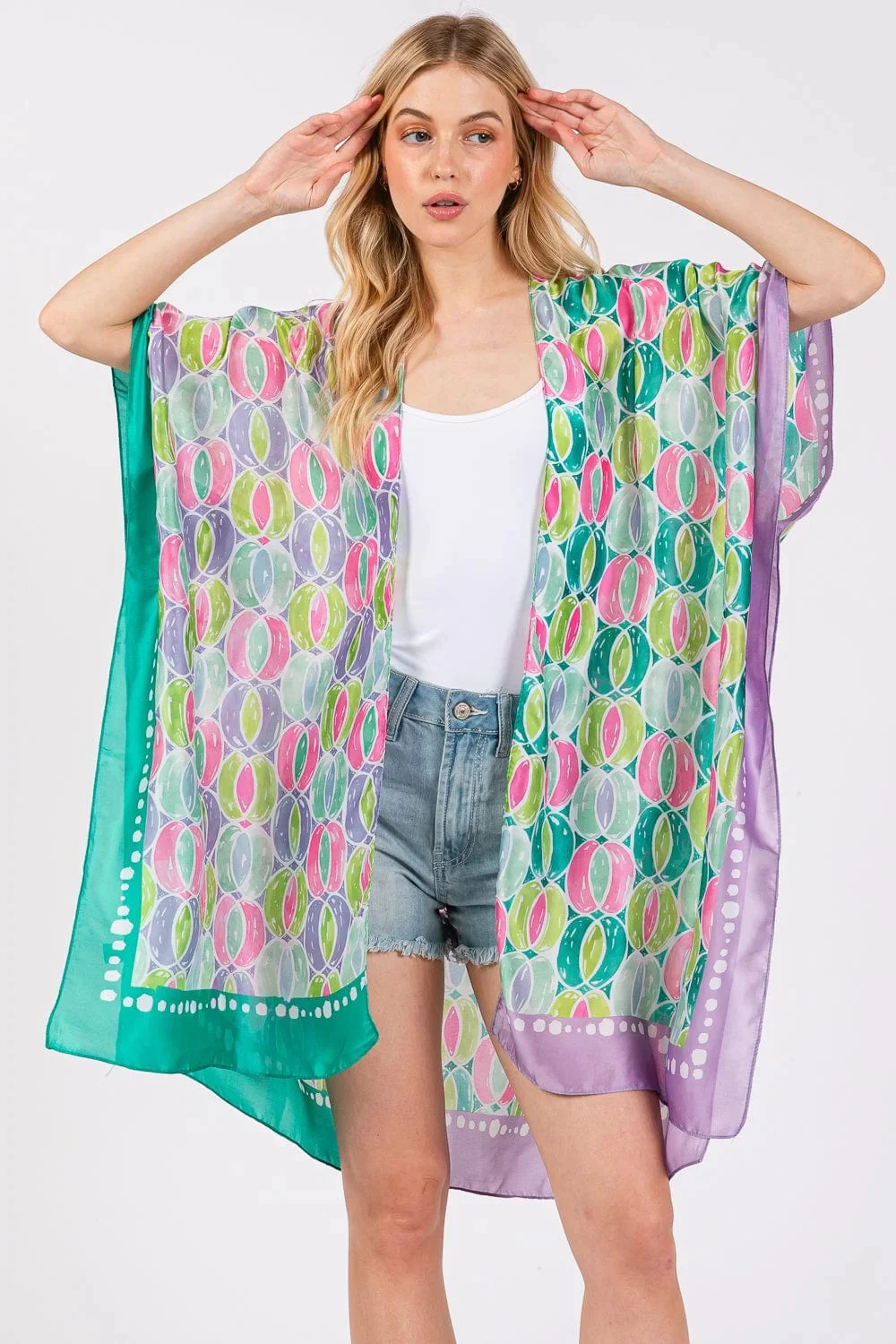 Ms0418 Two Tone Trim Abstract Silky Kimono