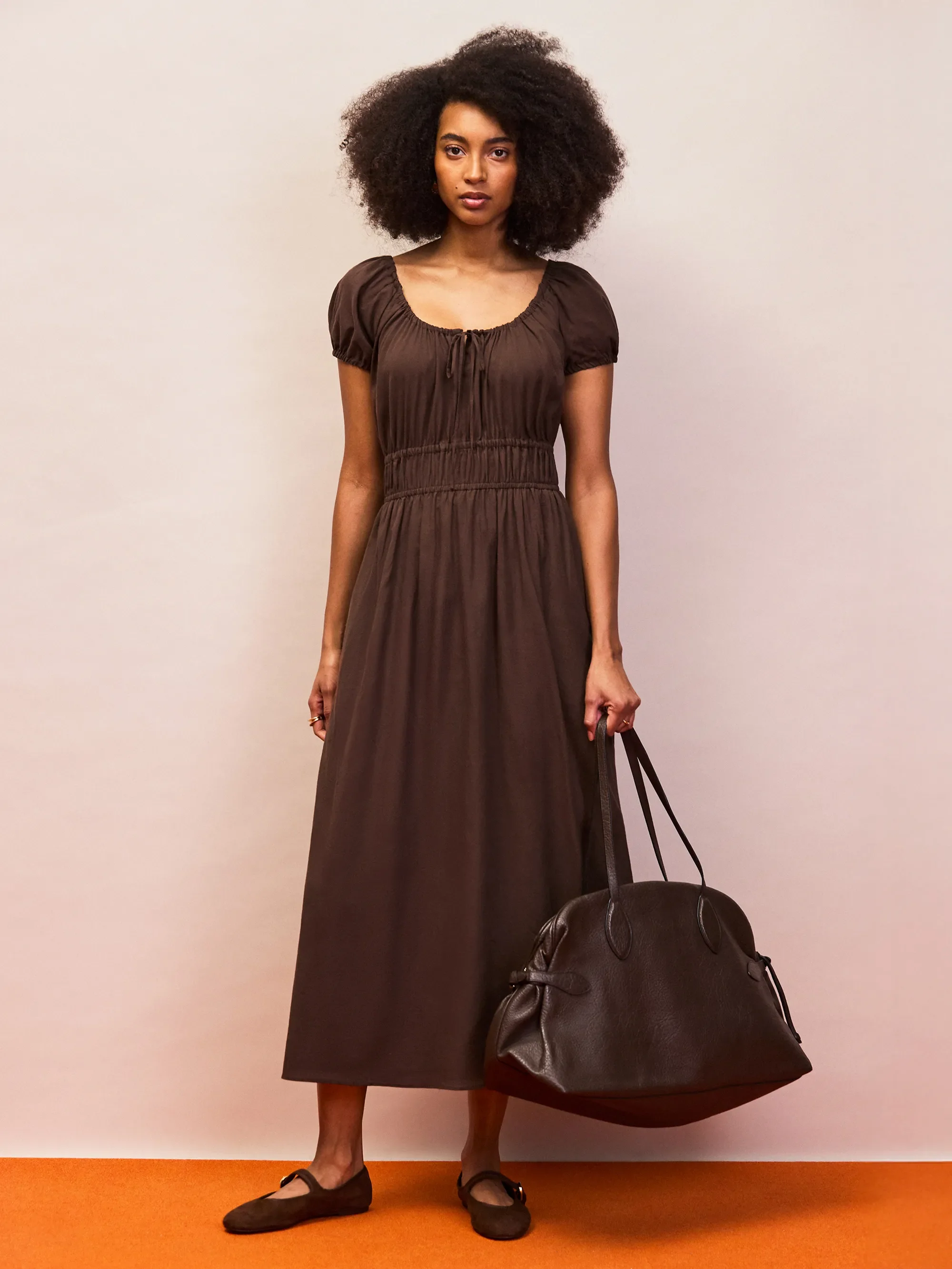 Petite Brown Gathered Neck Cotton Dress - 6
