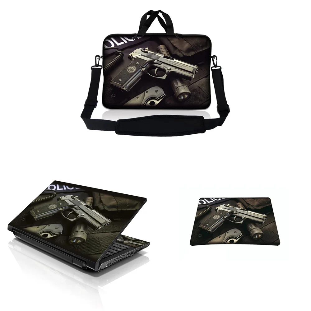 Notebook / Netbook Sleeve Carrying Case W/ Handle & Adjustable Shoulder Strap & Matching Skin & Mouse Pad – Police Gun Weapons - 8"-10.2"
