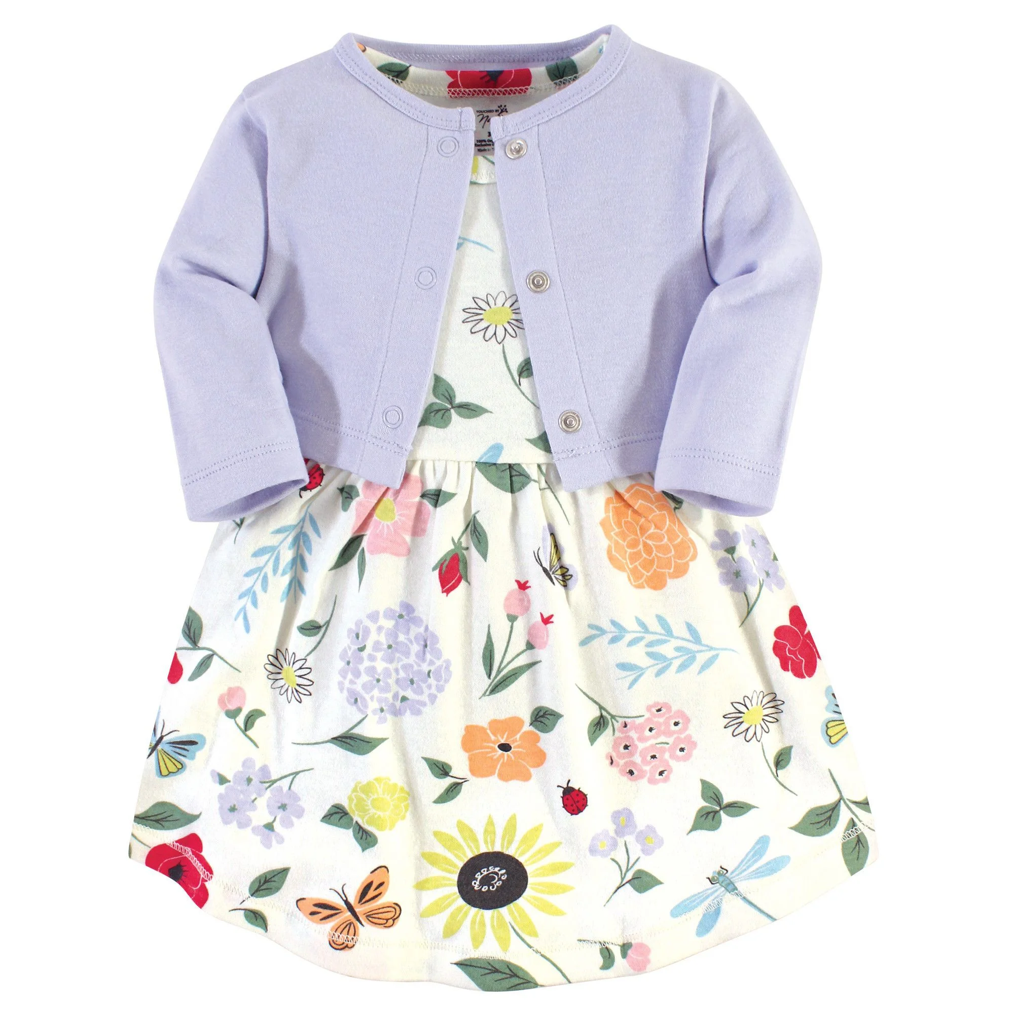 Touched By Nature Baby And Toddler Girl Organic Cotton Dress And Cardigan 2pc Set, Flutter Garden, 0-3 Months