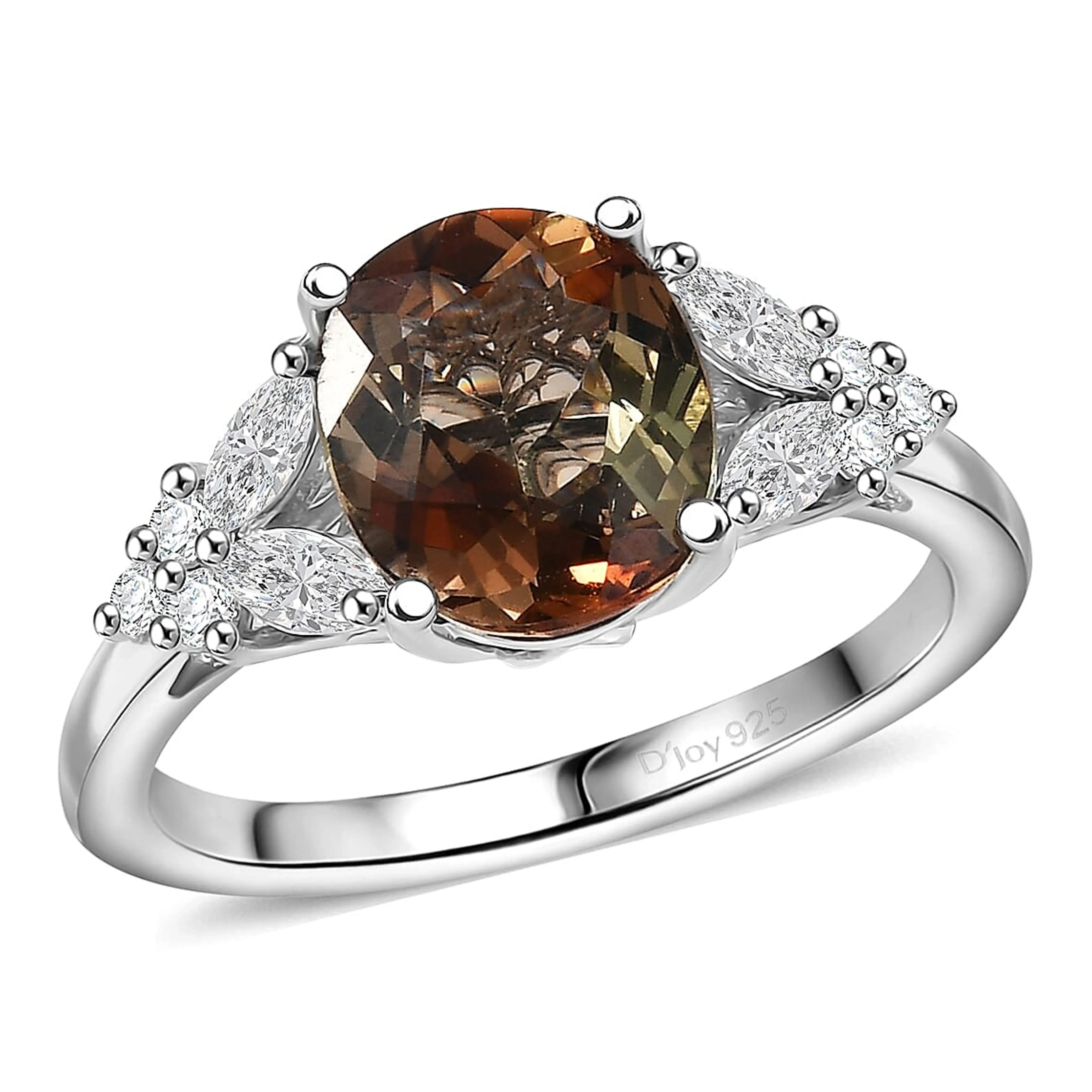 D'joy Jenipapo Andalusite, Moissanite Ring In Rhodium Over Sterling Silver (size 10.0) 3.15 Ctw