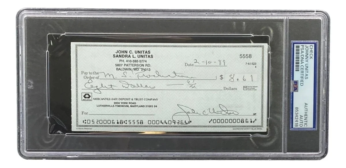Johnny Unitas Baltimore Colts Signed Bank Check #5558 Psa