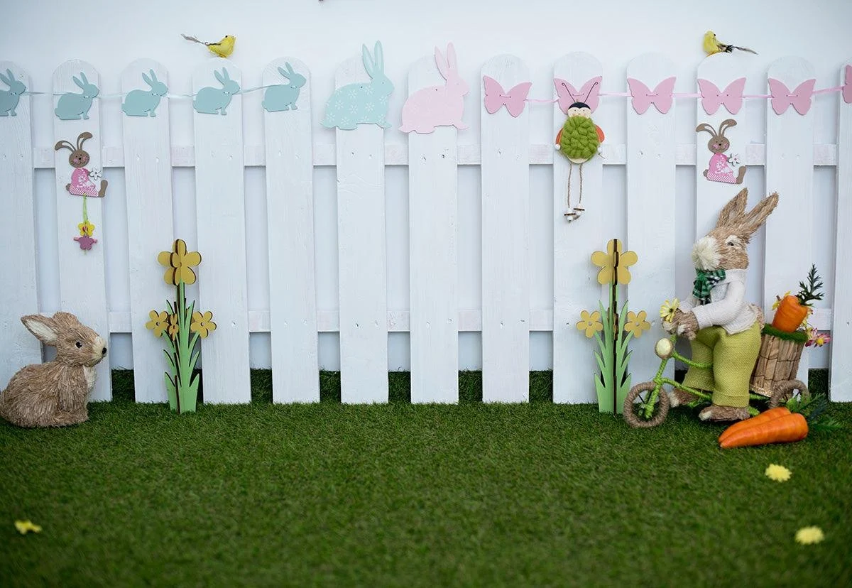 White Fence Rabbit Butterfly Grass Easter Backdrops For Photo - 5(w)*3(h)ft(1.5*1m)