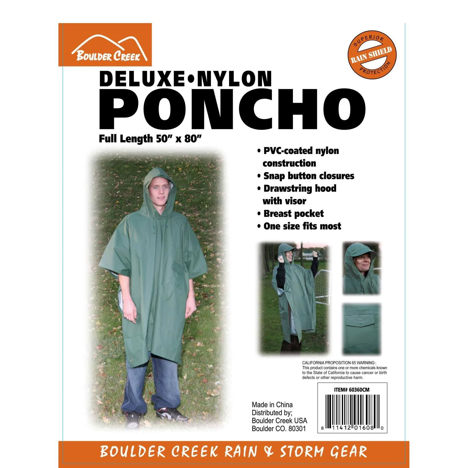 Green Pvc-coated Nylon Rain Poncho One Size Fits All