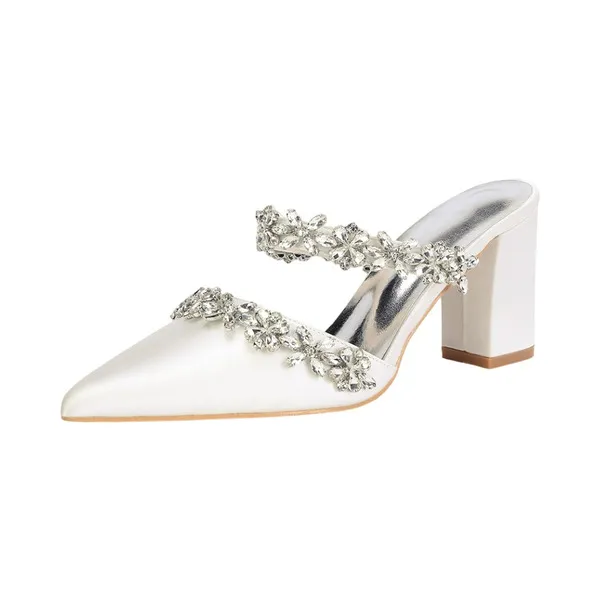 Women's Wedding Shoes Satin Block Heel Point Toe Mules Wedding Sandals Bridal Shoes Rhinestone Elegant Wedding Shoes (047423709)