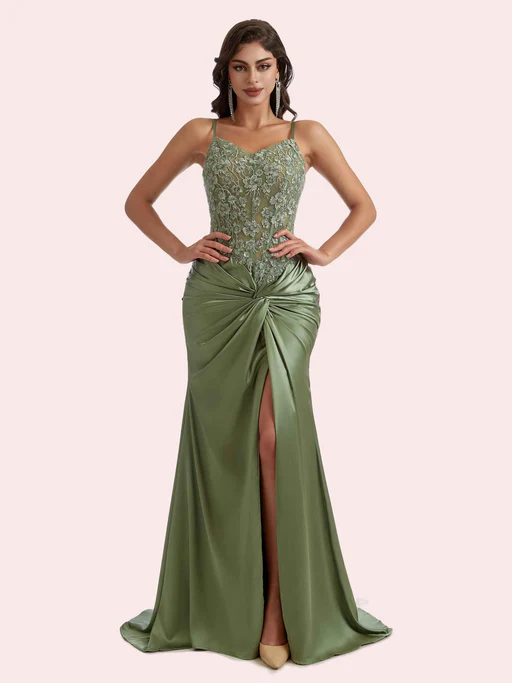 Gorgeous V Neck Lace Appliques Mermaid Pleats Front Slit Soft Satin Long Bridesmaid Dress For Wedding - Mint-green