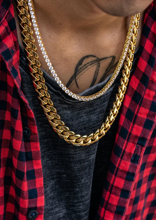 Gold Plated Solid Miami Cuban Link Chain & Tennis Chain Bundle