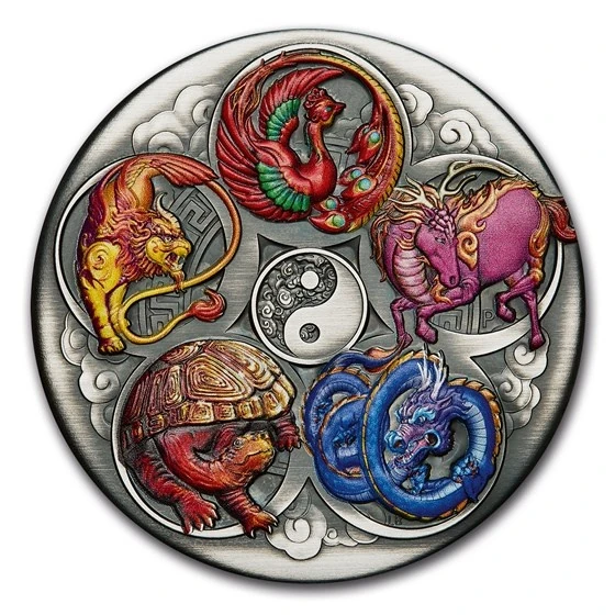 2024 Tuv 5 Oz Silver Colorized Antiqued Five Auspicious Creatures