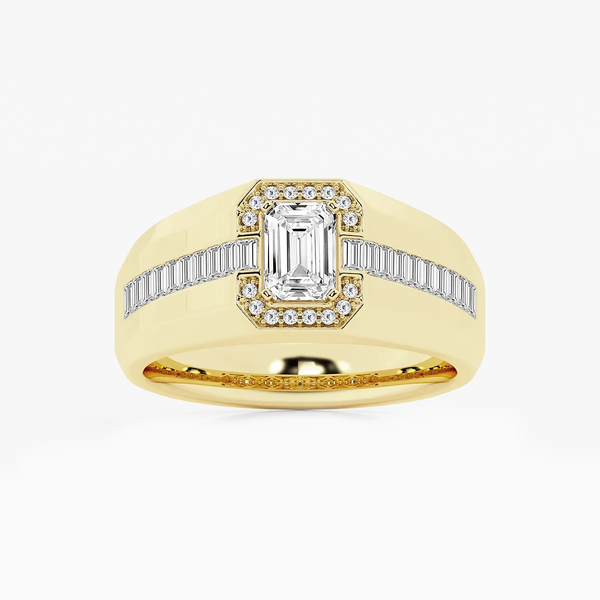 1 1/2 Ctw Emerald Lab Grown Diamond Wide Band With Round And Baguette Side Stones Engagement Ring 14k Yellow Gold, E, Vs1