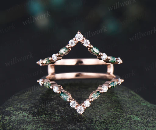 Marquise Moss Agate Diamond Wedding Band Enhancer Wraps Rose Gold Double V Curved Stacking Band Band Bridal Ring Women