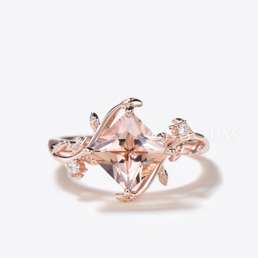 Princess Cut Morganite Leaf Engagement Ring Diamond Nature Inspired Bridal Set - 1pc Main Ring+moissanite/10k Rose Gold