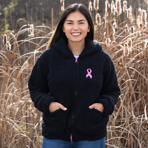Pink Ribbon Plush Sherpa Fleece Zip Up Hooded Jacket - M
