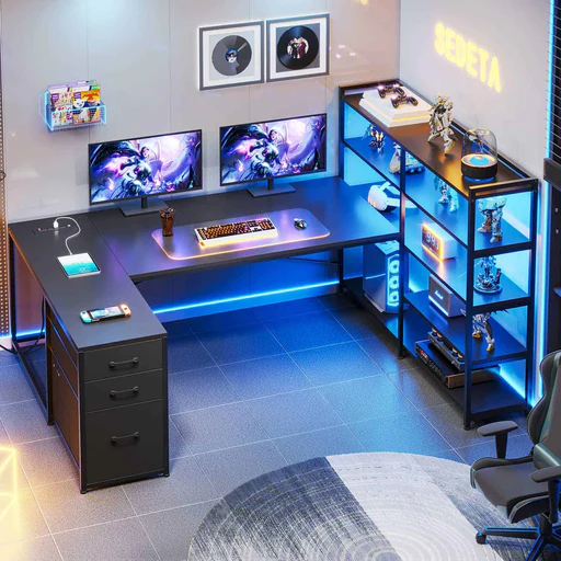 Sedeta 64.5 Inch Office Led Reversible Computer Desk Gaming Desk With Drawer Storage Bookshelf - White