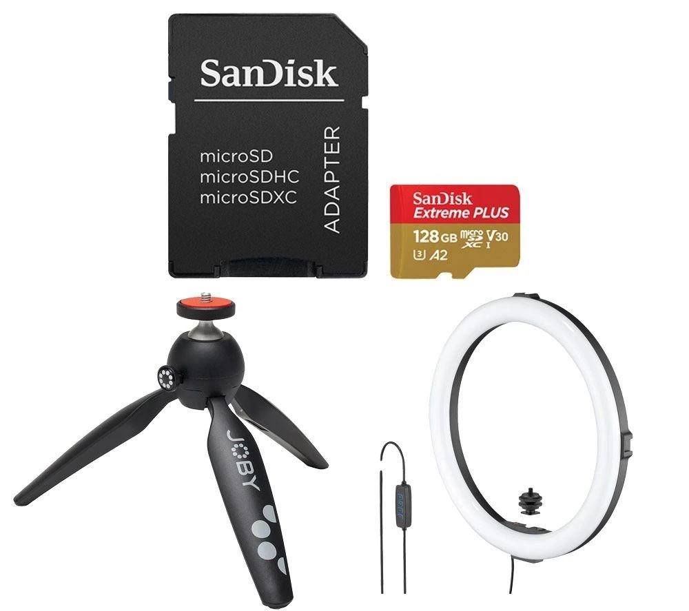 Sandisk 128 Gb Extreme Plus Class 10 Microsdxc Memory Card, Handypod 2 & Beamo Ring Light 12" Bundle