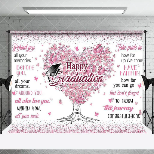 Aperturee White Pink Heart Floral Tree Happy Graduation Backdrop