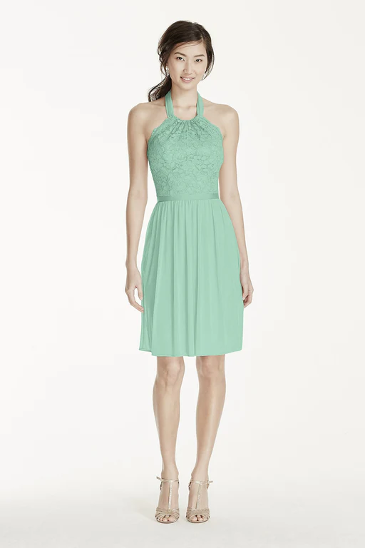 Short Lace Mesh Dress With Halter Neckline - Rose Gold Metallic/true