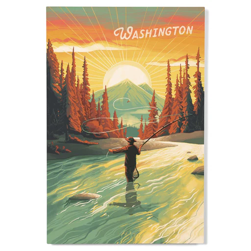 Washington, This Is Living, Fishing With Mountain, Wood Signs And Postcards - 4x6 Wood Postcard Set