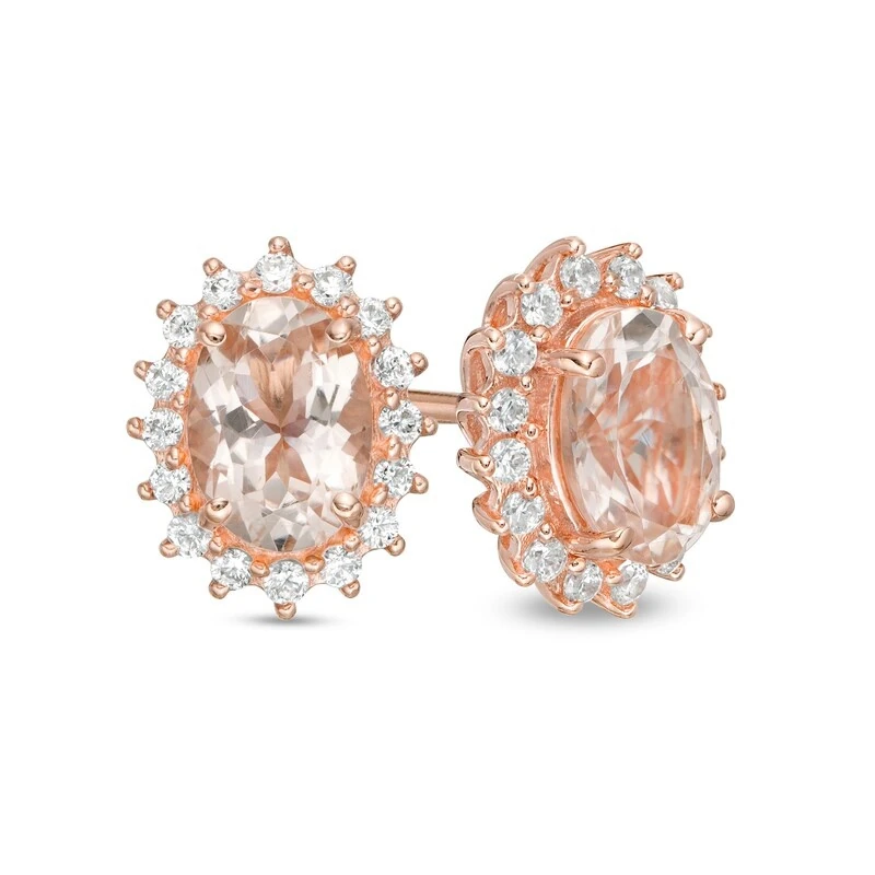 Oval Morganite And 1/3 Ct. T.w. Diamond Starburst Frame Stud Earrings In 10k Rose Gold
